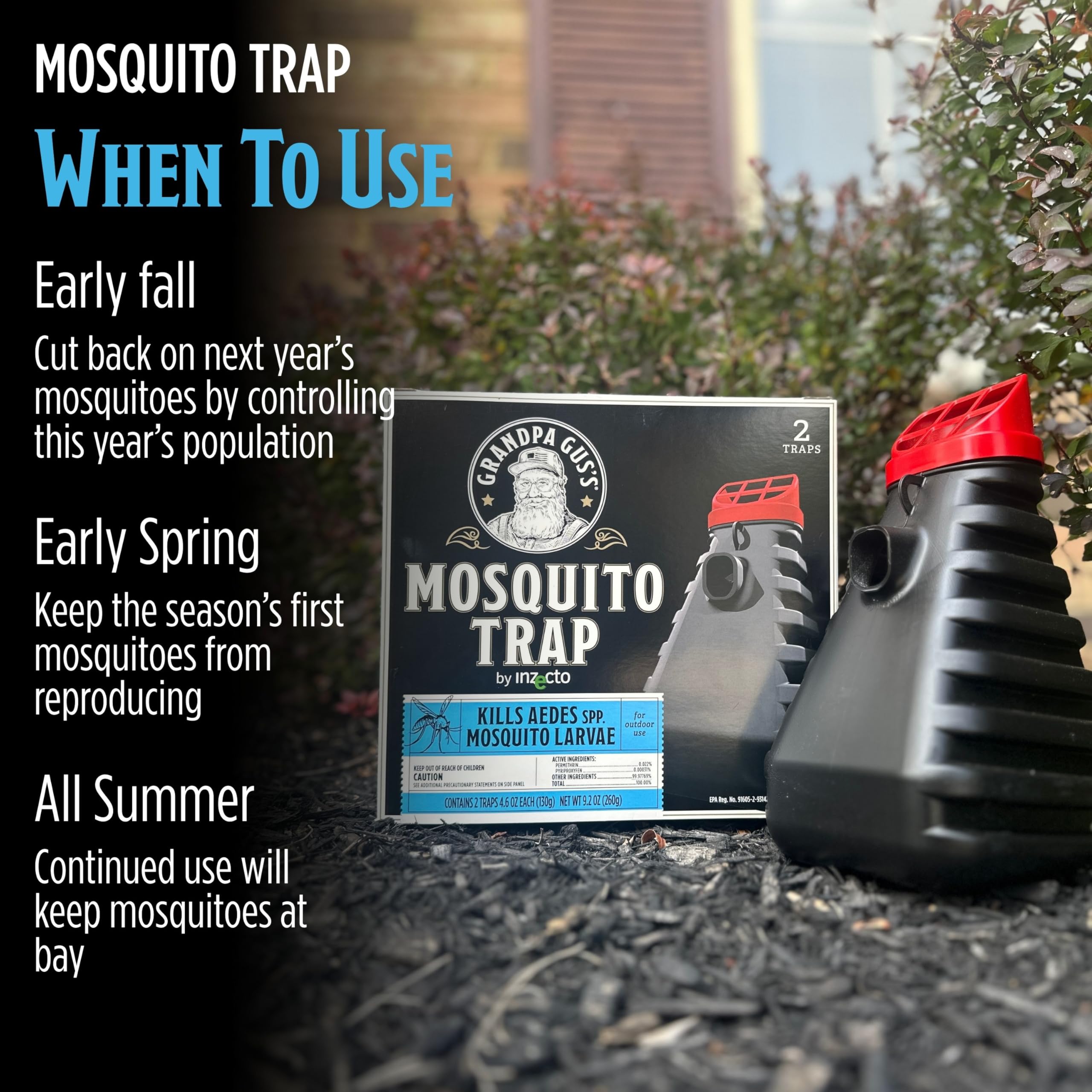 Grandpa Gus’s Mosquito Trap covers up to 1500 sq ft for patios and yards.