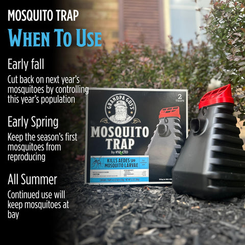 Grandpa Gus’s Mosquito Trap covers up to 1500 sq ft for patios and yards.