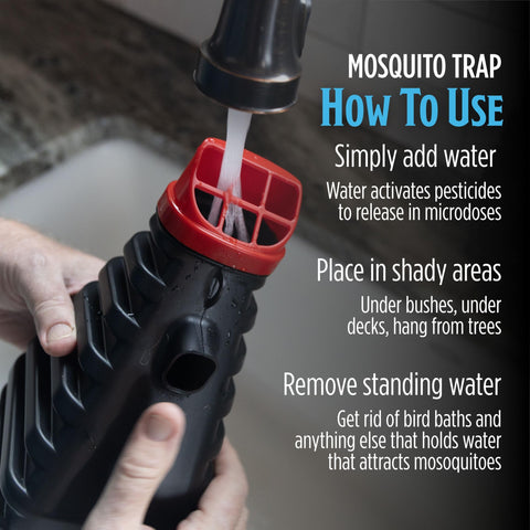 Grandpa Gus’s Mosquito Trap hanging from a tree for flexible yard placement.