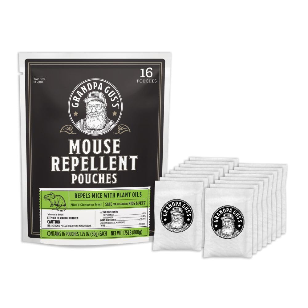 Grandpa Gus's mouse repellent pouch packaging helps deter mice while freshening the air