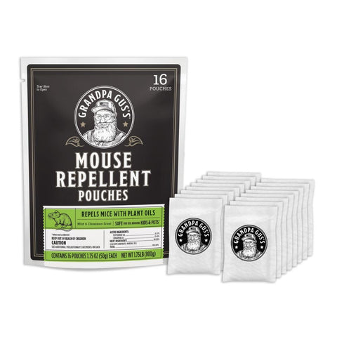 Grandpa Gus's mouse repellent pouch packaging helps deter mice while freshening the air