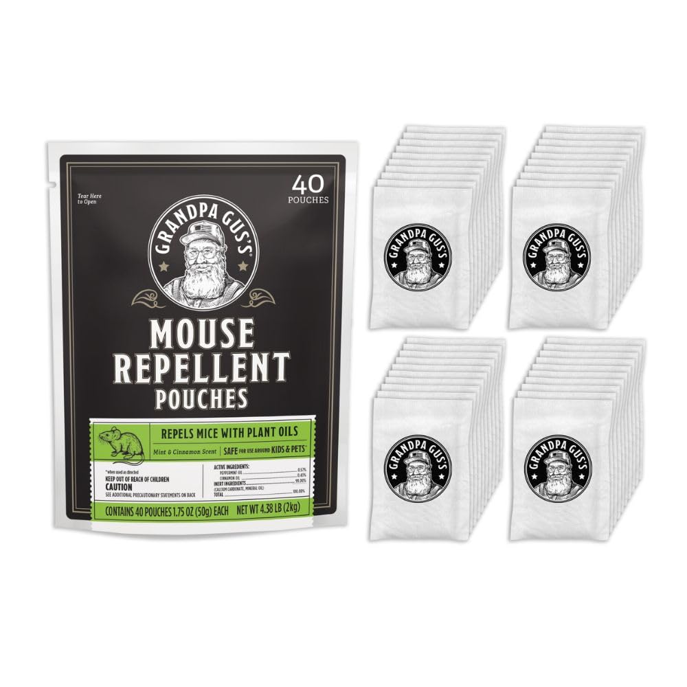 Grandpa Gus's mouse repellent pouches for garage use with peppermint-cinnamon scent