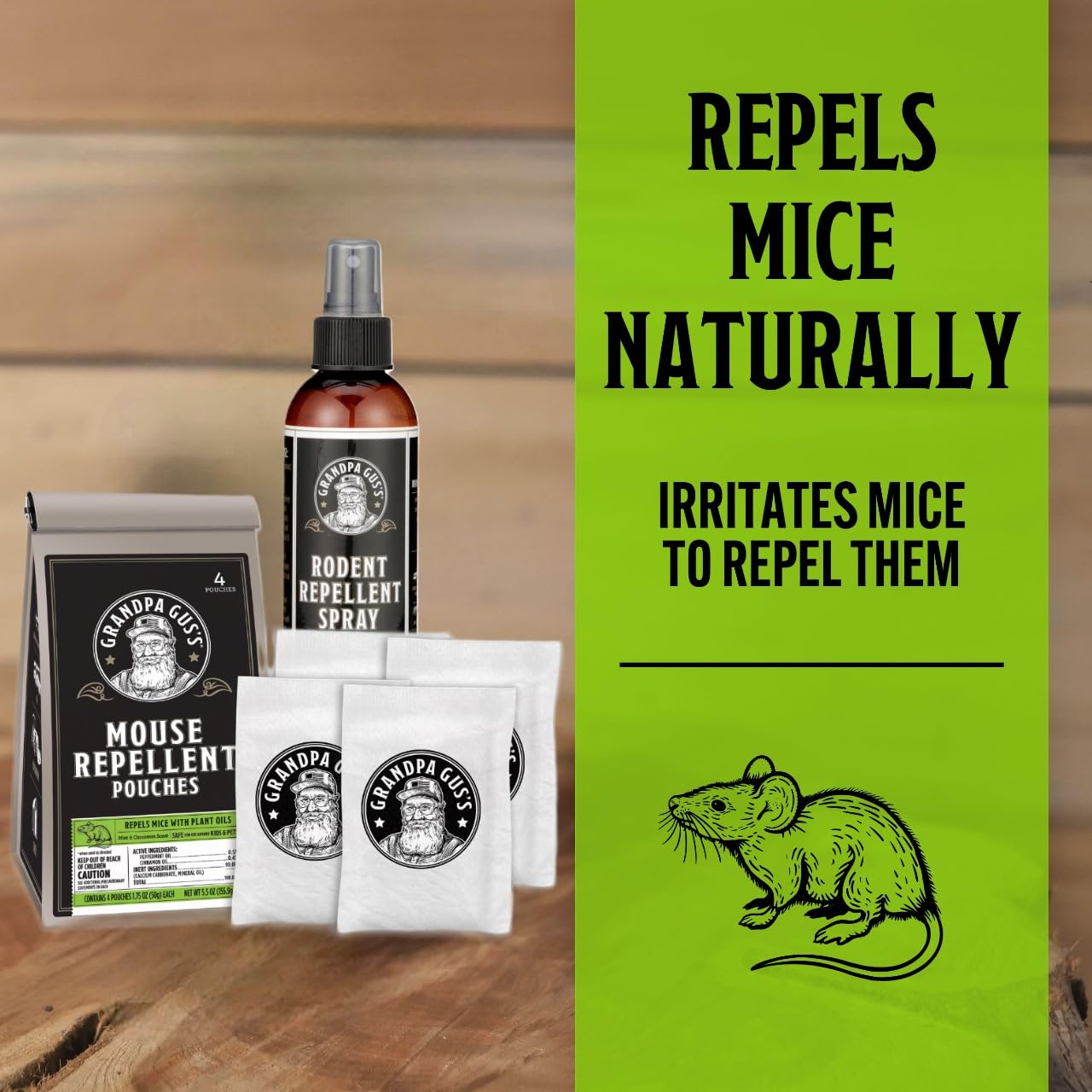 Grandpa Gus's mouse repellent spray bottle applied near entry points for mess-free protection.