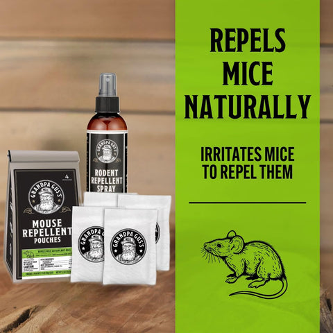Grandpa Gus's mouse repellent spray bottle applied near entry points for mess-free protection.