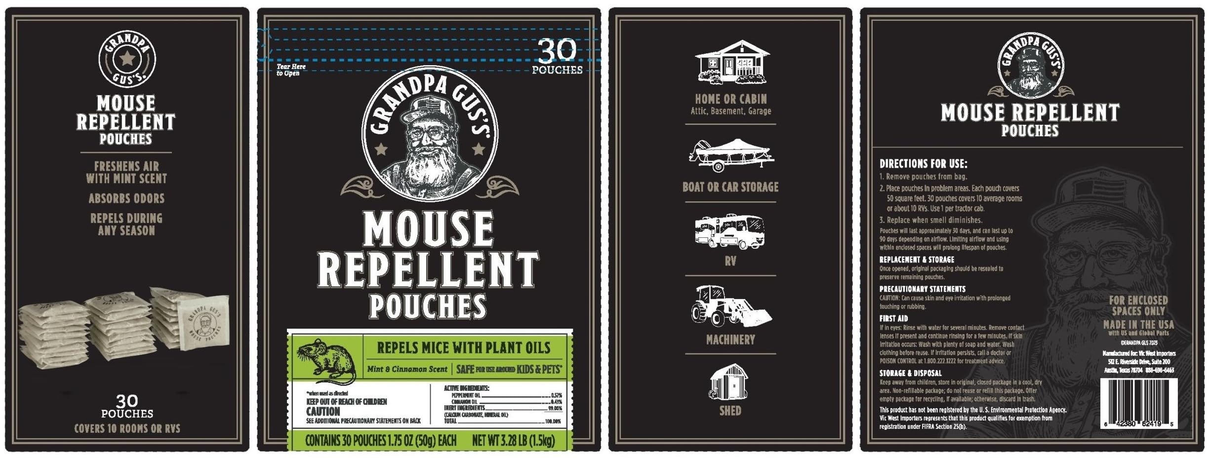 Grandpa Gus's Natural Mouse Repellent Pouches placed in a cabinet offer a minty aroma and deterrence.
