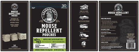 Grandpa Gus's Natural Mouse Repellent Pouches placed in a cabinet offer a minty aroma and deterrence.