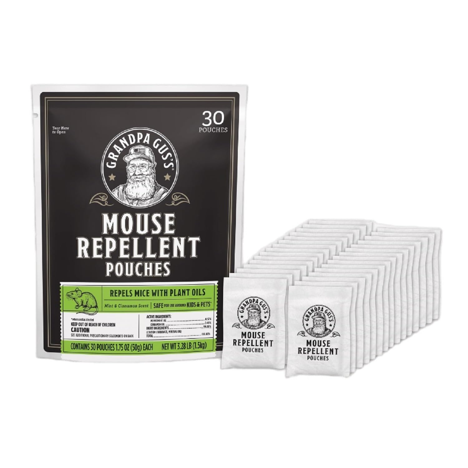 Grandpa Gus's Natural Mouse Repellent Pouches in packaging provide natural pest deterrence.