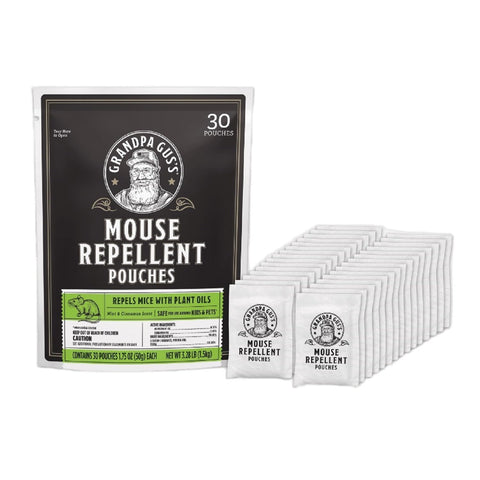 Grandpa Gus's Natural Mouse Repellent Pouches in packaging provide natural pest deterrence.