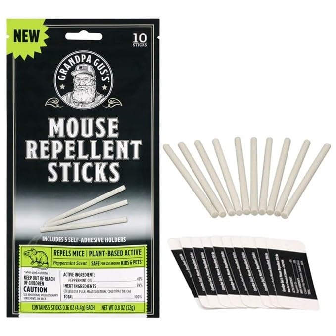 Grandpa Gus's natural mouse repellent stick in packaging showcases a plant-based deterrent for homes.
