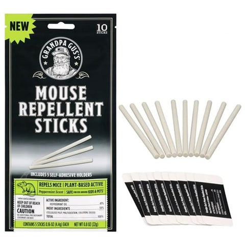 Grandpa Gus's natural mouse repellent stick in packaging showcases a plant-based deterrent for homes.