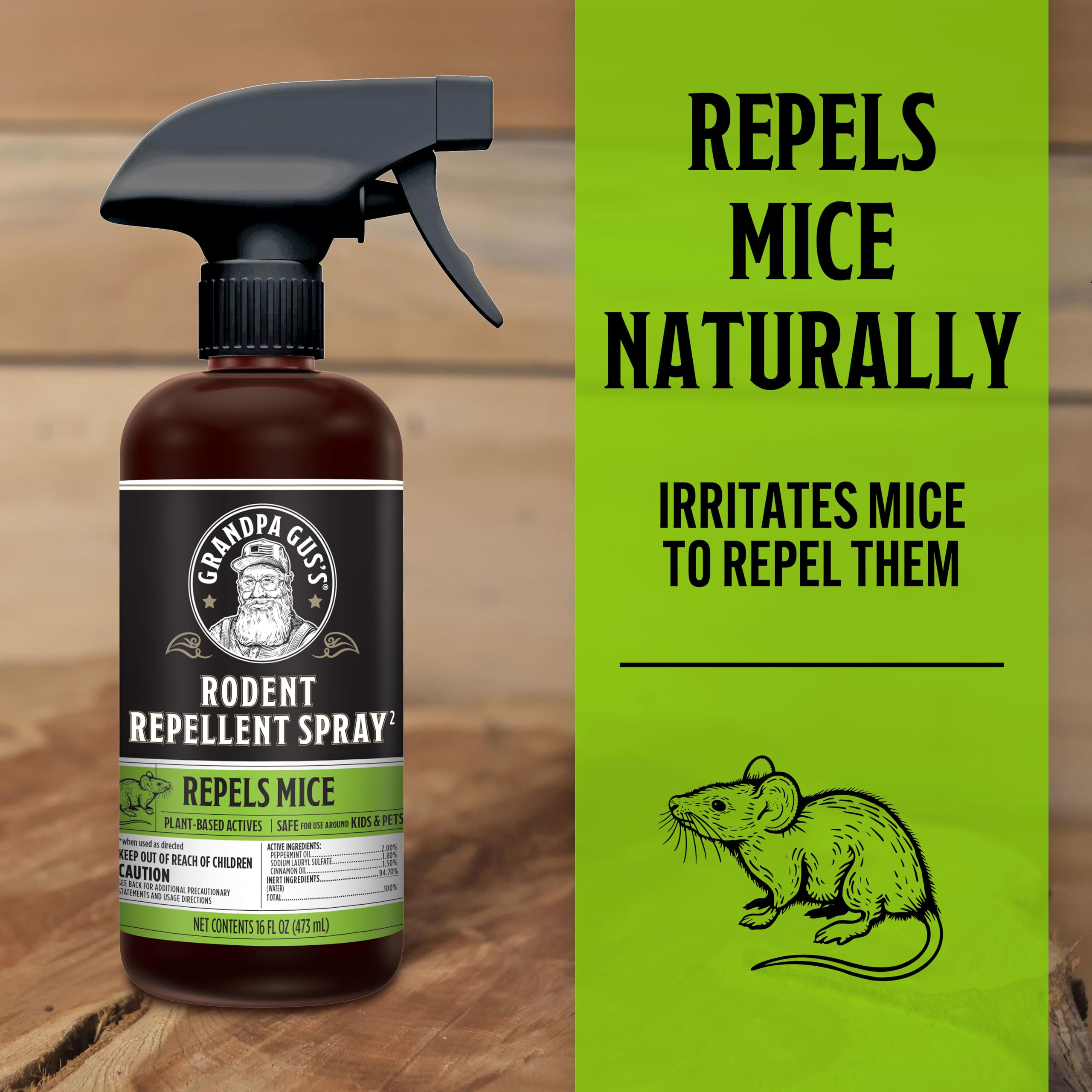Grandpa Gus's peppermint-cinnamon oil blend creates a fresh, pest-deterrent aroma.