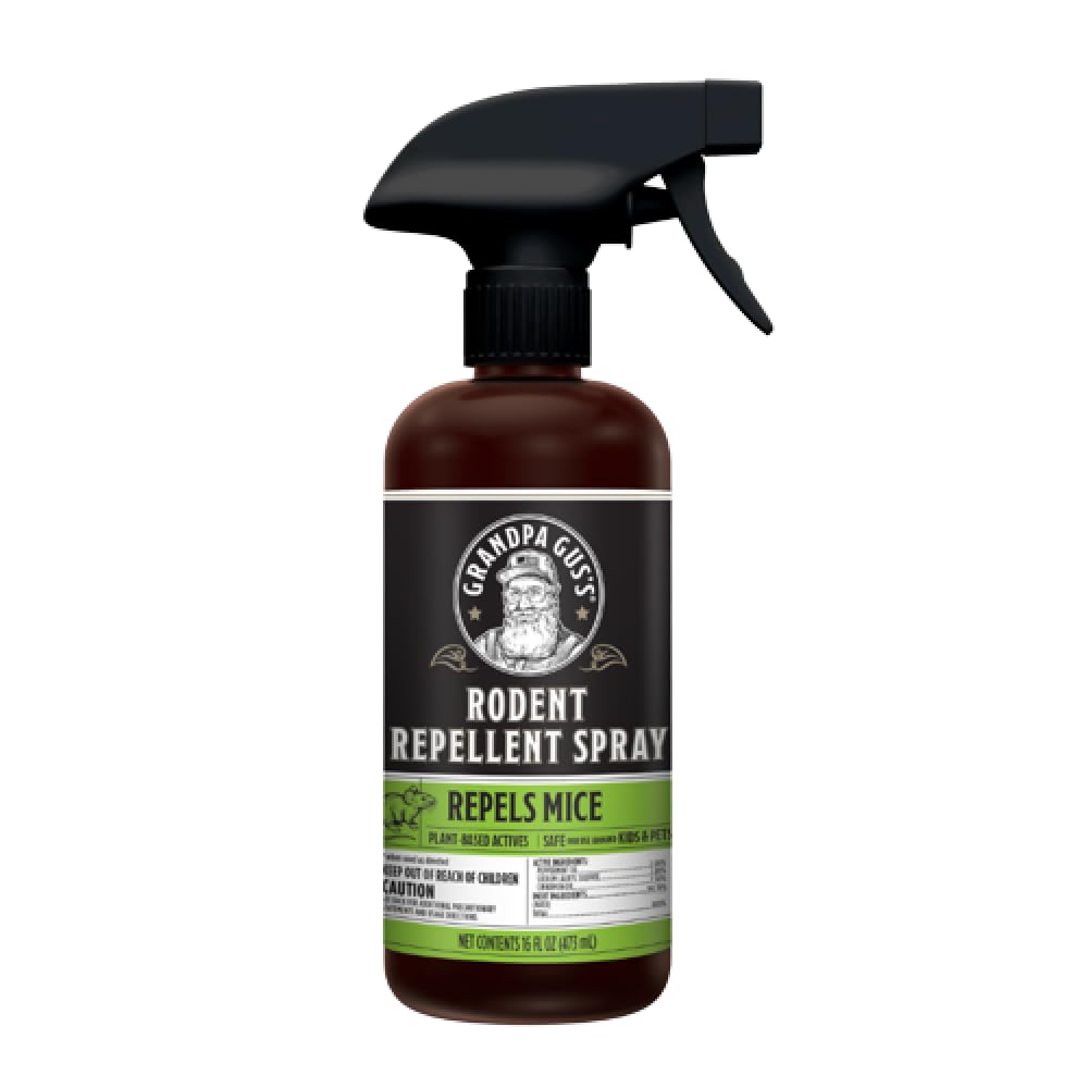 Grandpa Gus's rodent repellent spray bottle deters mice and rats.