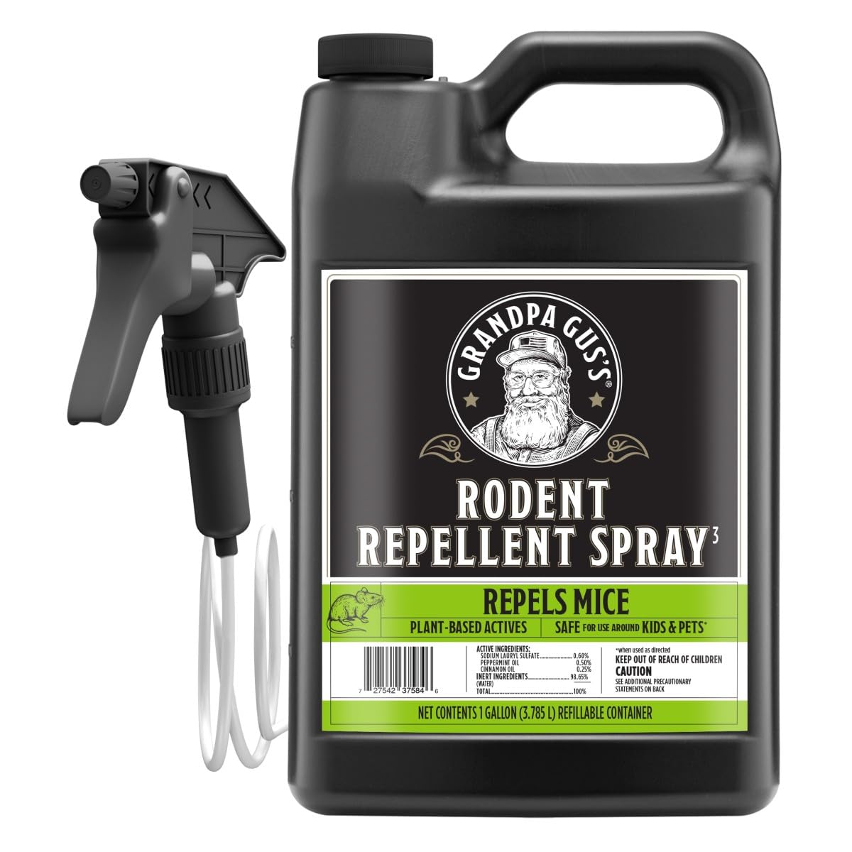 Grandpa Gus's rodent repellent spray bottle protects kitchens from mice.