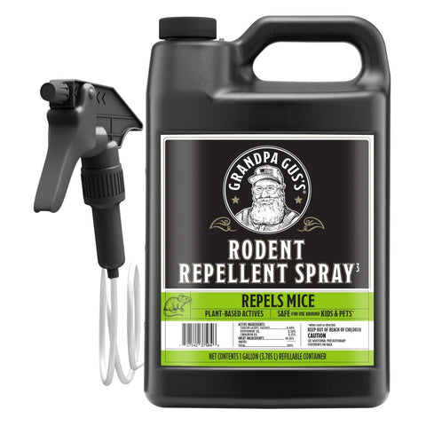 Grandpa Gus's rodent repellent spray bottle protects kitchens from mice.