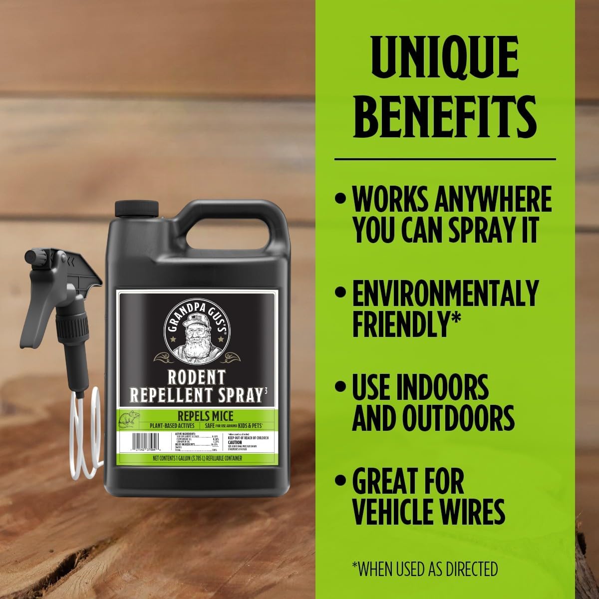 Grandpa Gus's rodent repellent spray for indoor and outdoor use deters pests.