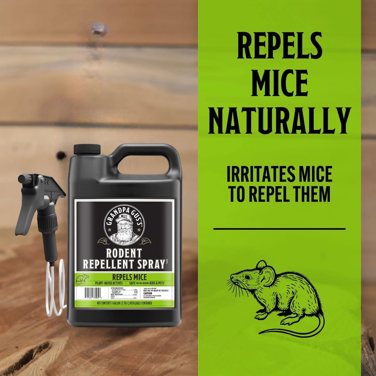Grandpa Gus's rodent repellent spray sprayer delivers a precise, even mist.