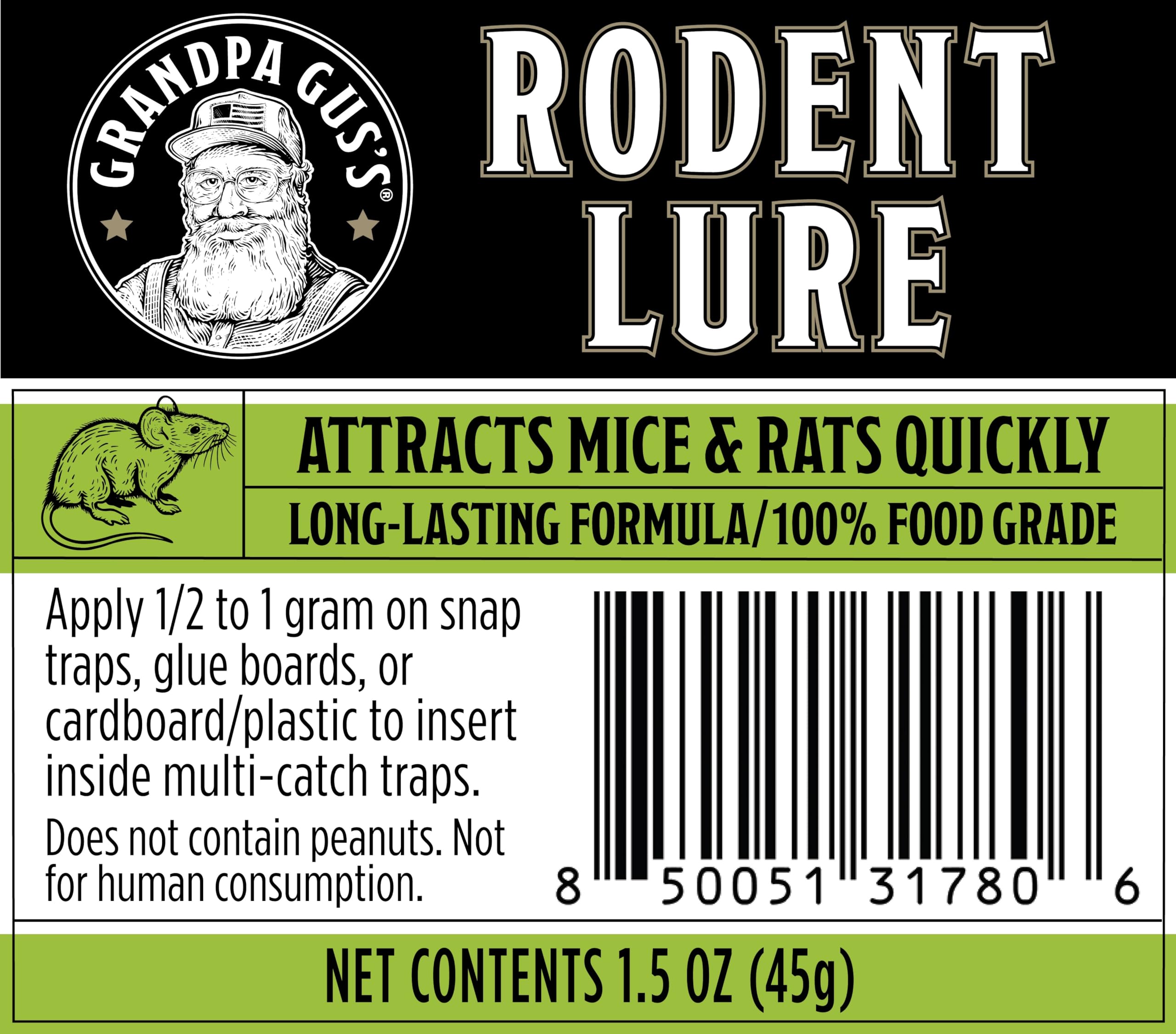Grandpa Gus's scent profile emphasizes food-grade aroma for rodents.