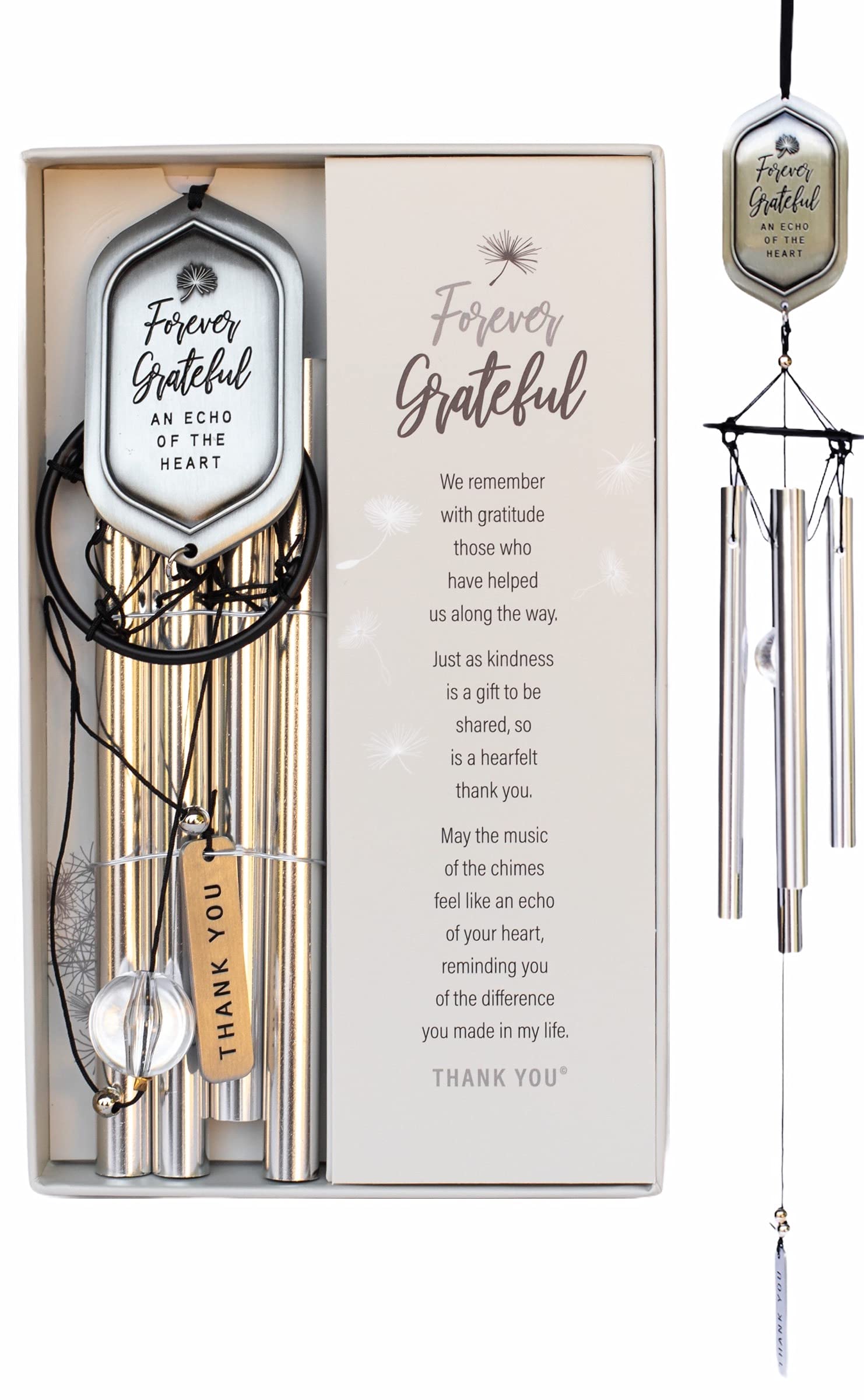The Grandparent Gift Co. Forever Grateful wind chime topper engraving expresses heartfelt gratitude for kindness.