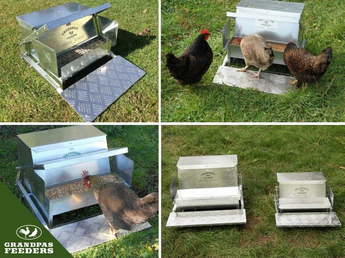 Grandpa's Feeders 40-lb no-waste feeder reduces waste in busy coops.