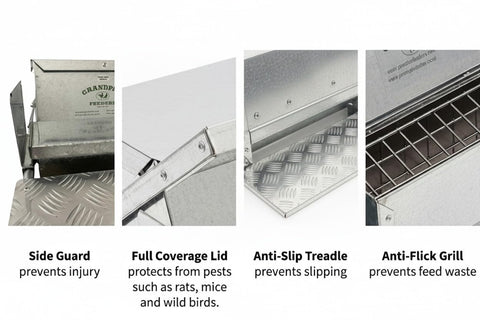 Grandpa's Feeders rat-proof and rodent-proof lid keeps feed clean outdoors.
