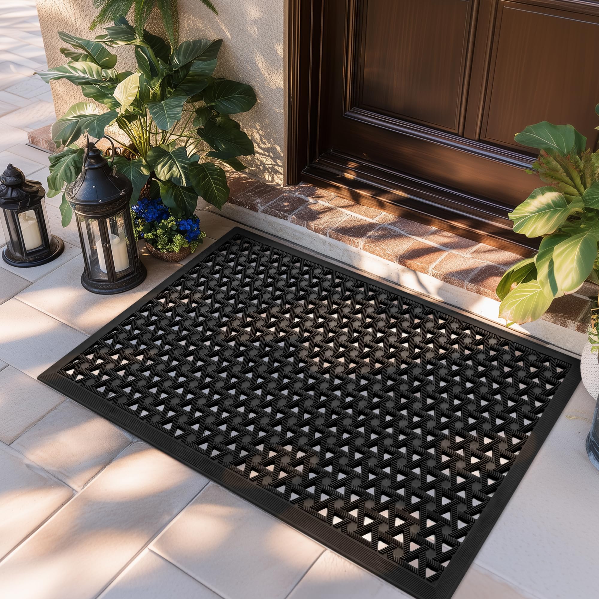 GRANNY SAYS front door mat shows triangular serrated edge for better dirt scraping.