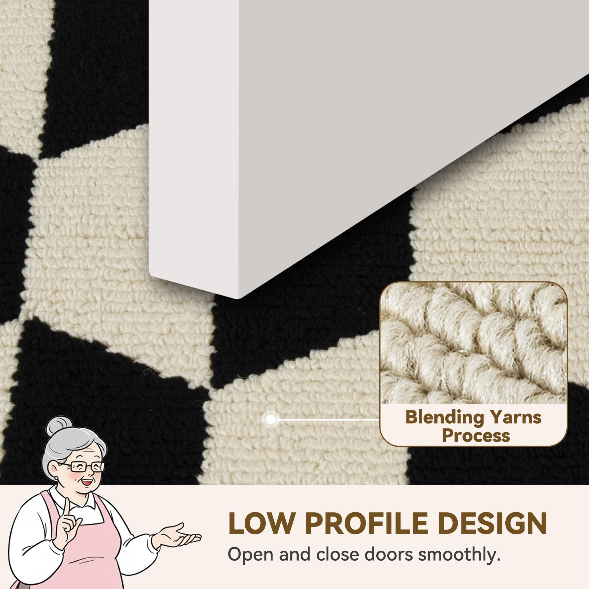 GRANNY SAYS low-profile mat clears thresholds without catching the door.