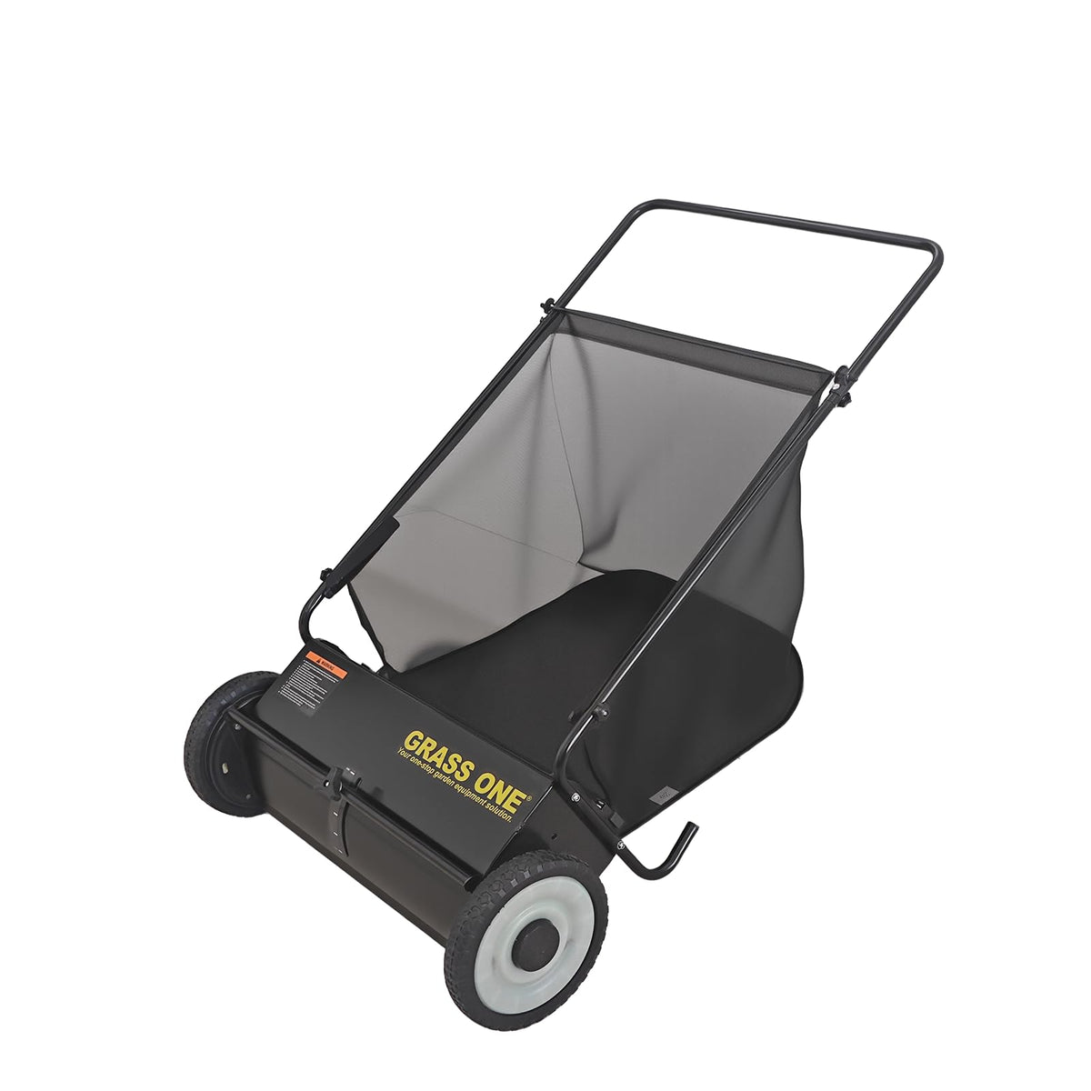 Grass One 26-inch sweeper front view shows wide path for efficient leaf collection.