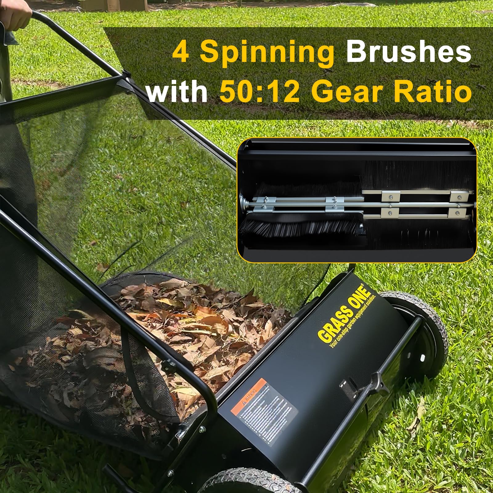 Grass One 26-inch sweeper hopper bag open shows large capacity for fewer trips.