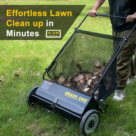 Grass One 26-inch sweeper side view demonstrates easy maneuverability on uneven terrain.