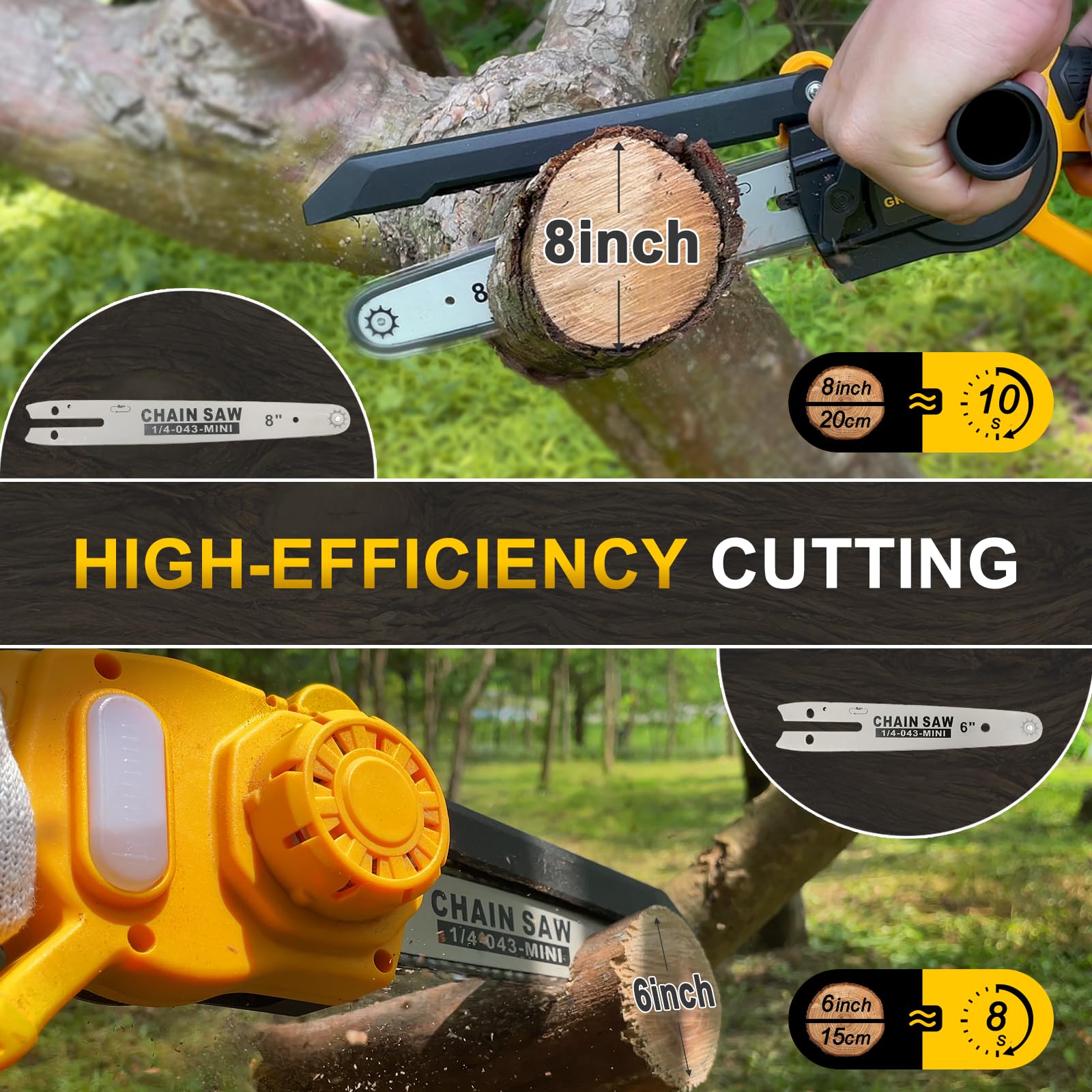 Grass One mini chainsaw with a 6-inch bar for tight-space trimming.