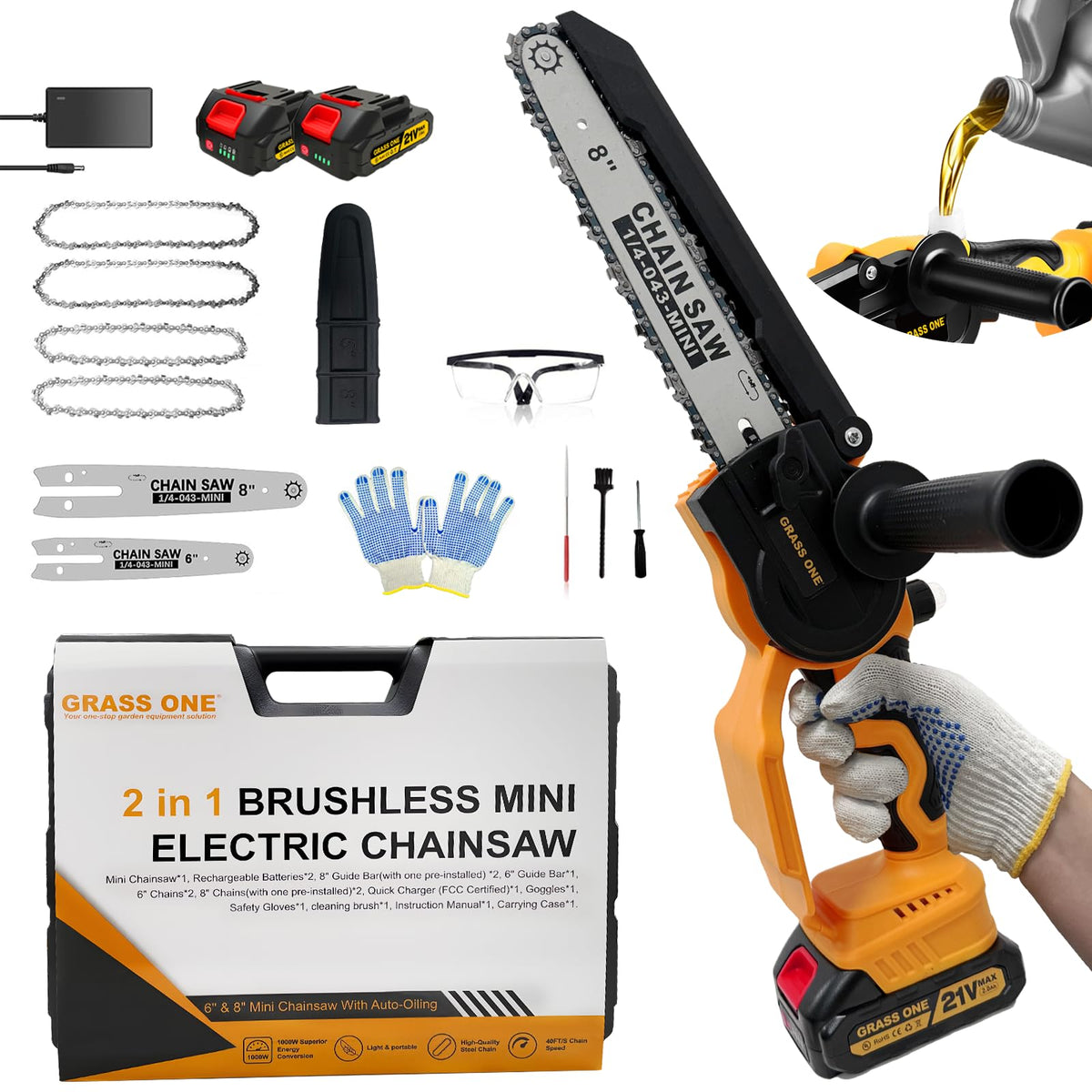 Grass One mini chainsaw with an 8-inch bar for fast, clean pruning and limb removal.