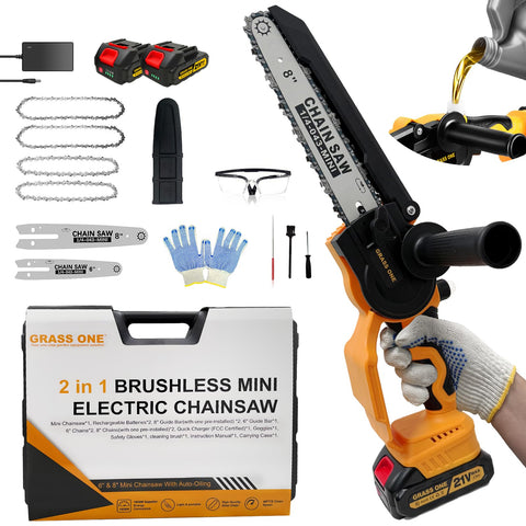 Grass One mini chainsaw with an 8-inch bar for fast, clean pruning and limb removal.