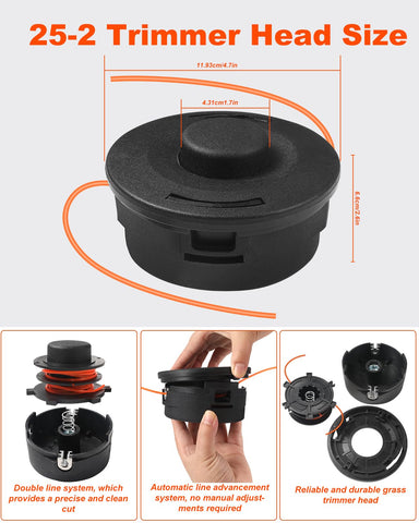 Grasscape compatible trimmer head demonstrates adjustable line options from 0.080 to 0.105 inches.