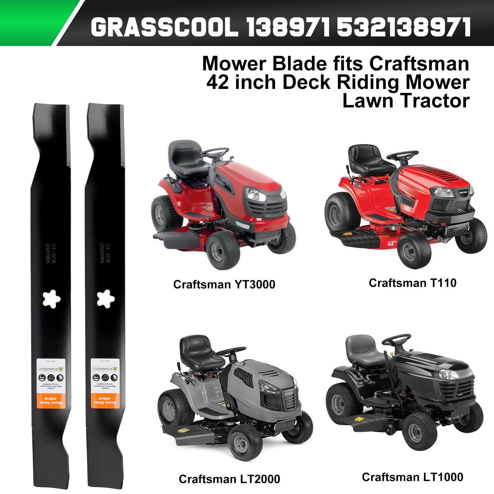 Grasscool 138971 42in deck-fit blades adapt to Craftsman LT1000 LT2000 compatibility.