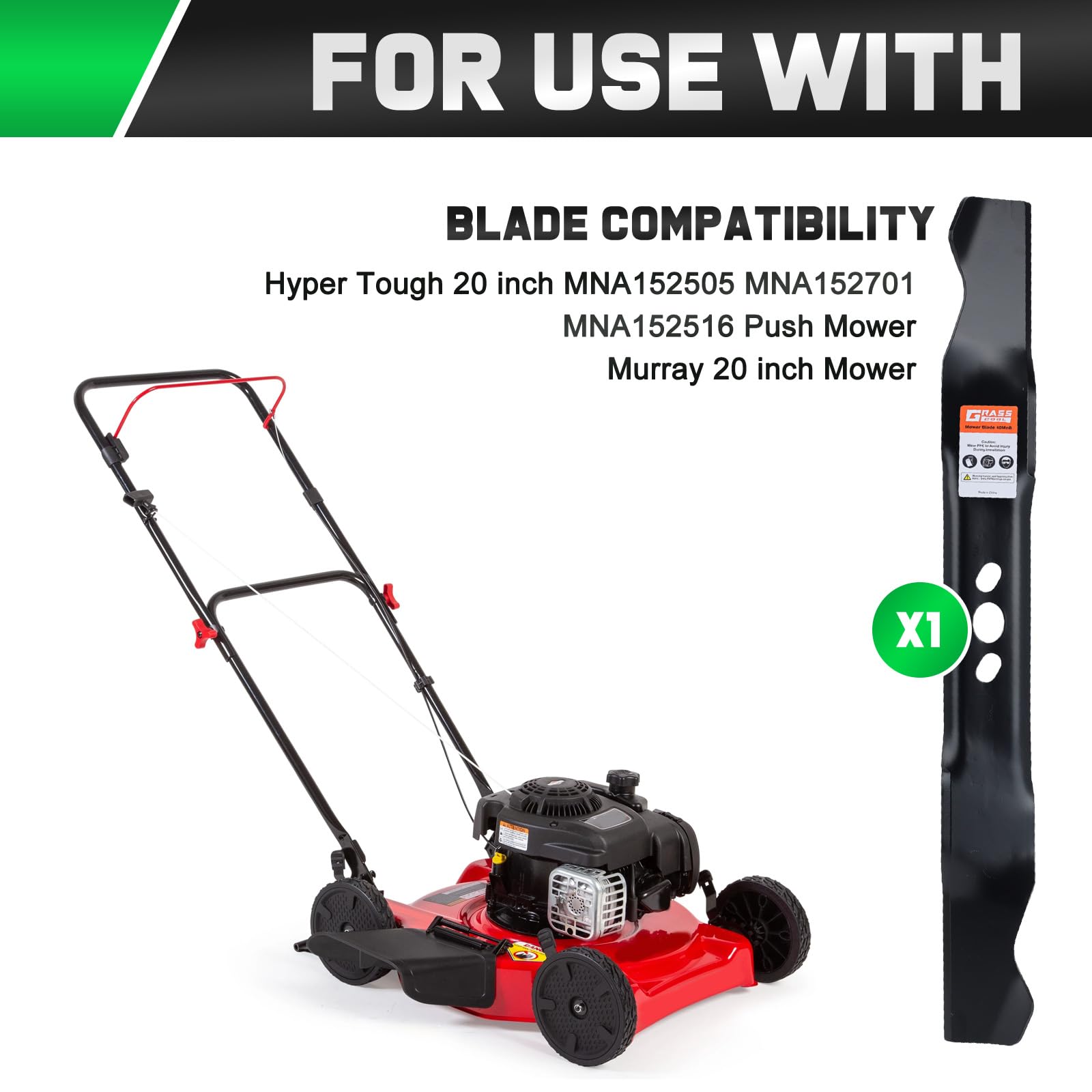Grasscool 20-inch blade label highlights compatibility with Hyper Tough Murray models.