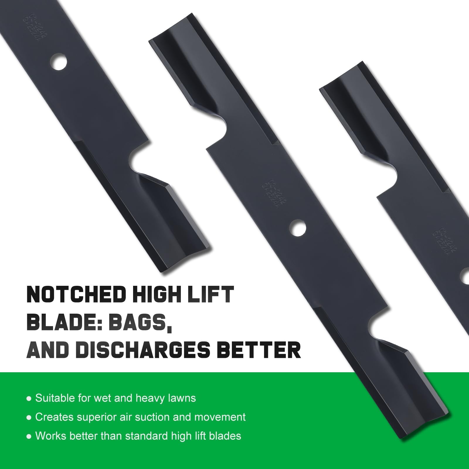 Notched high lift edge enhances airflow for Grasscool 482878 blades