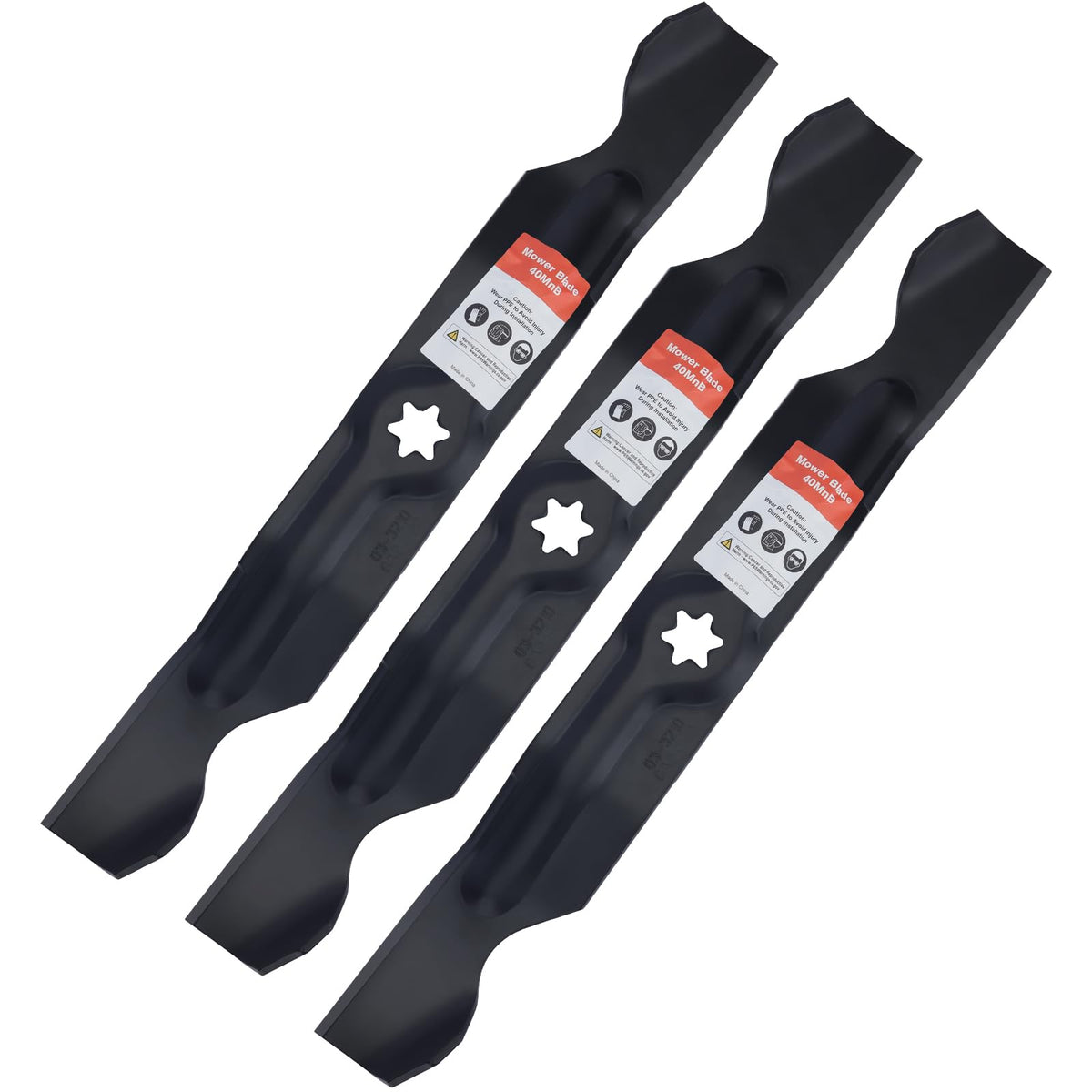Grasscool 942-04053C mower blade close-up shows secure 6-point star hole mounting