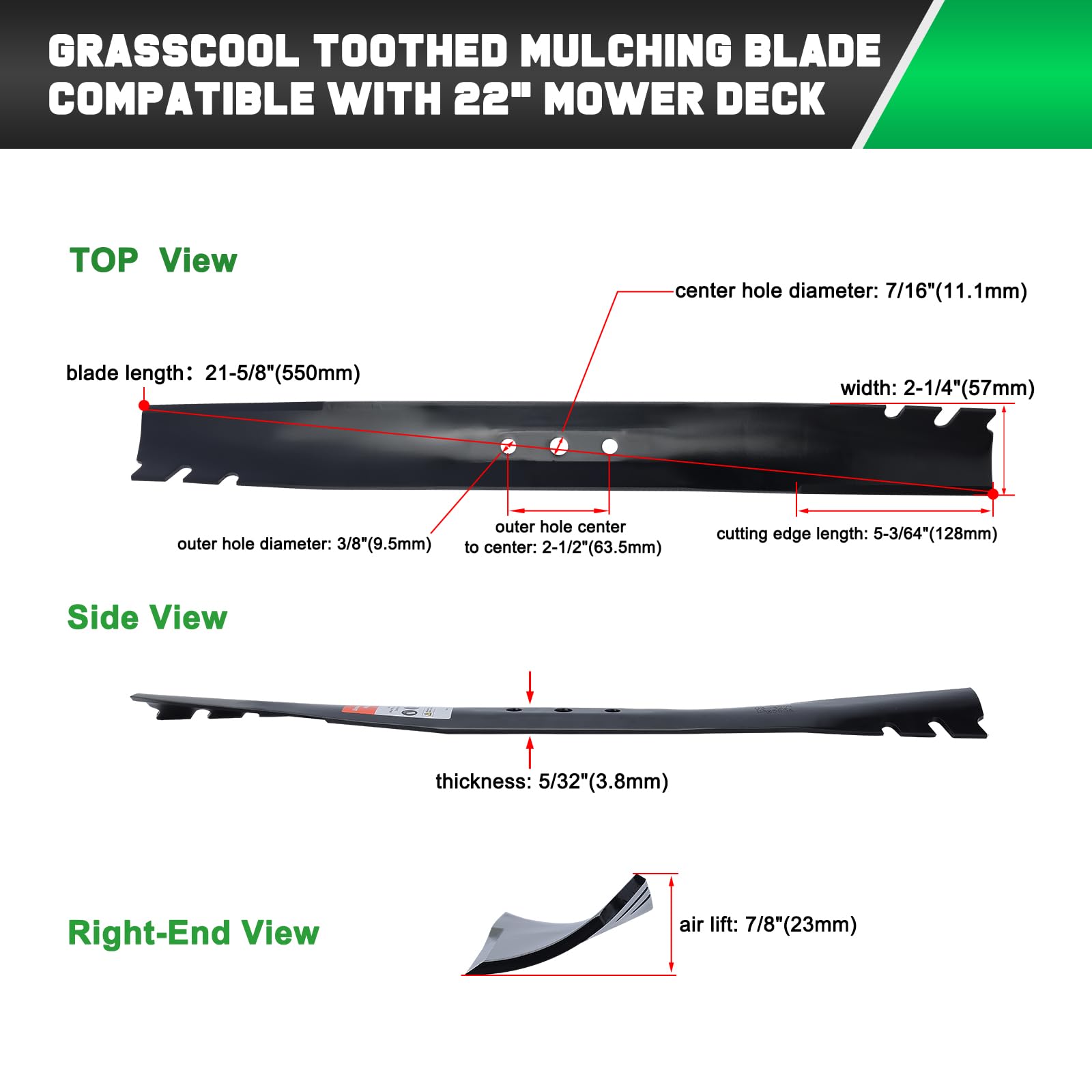 Grasscool blade specs 550mm by 57mm for precise fit and airflow.
