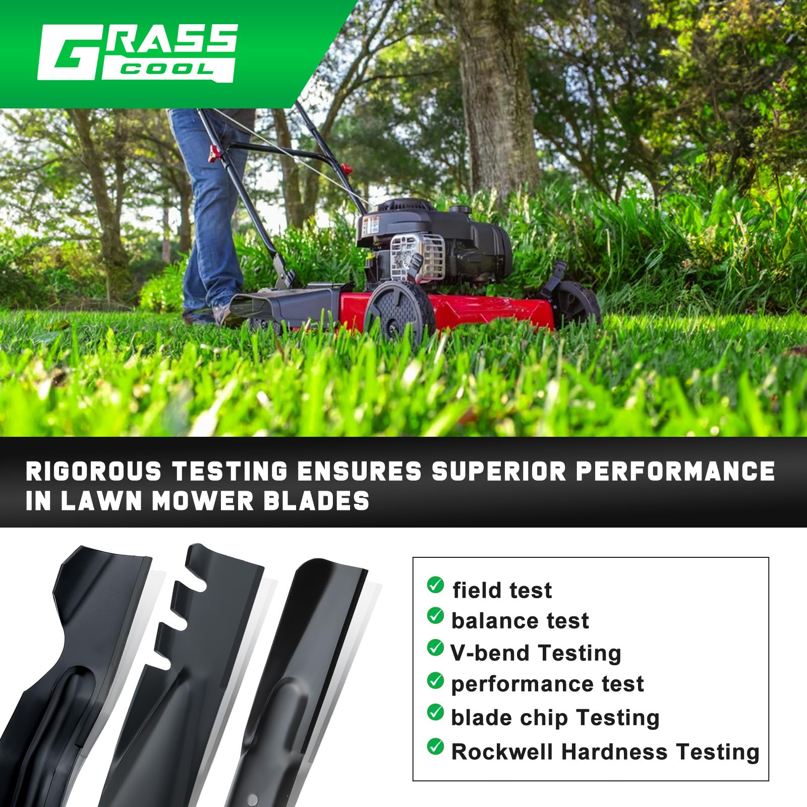 Grasscool cutting-edge blade optimized for clean cuts and even lawn health.