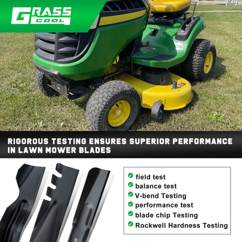 Grasscool D130 42 inch mulching blades sharpened edge close up.
