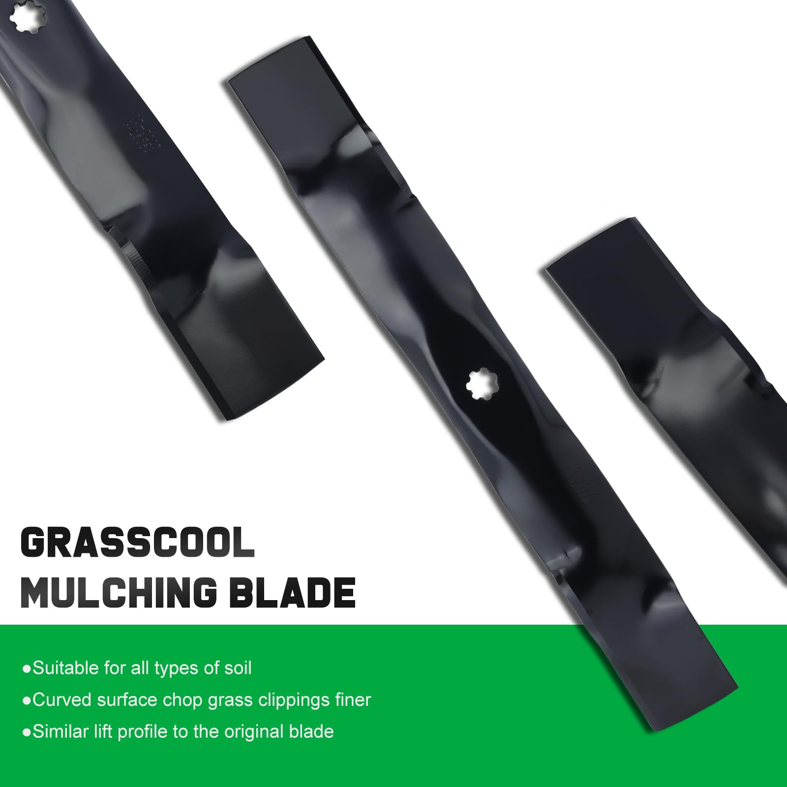 Grasscool D130 42 inch mulching blades side view fits 42 inch decks.