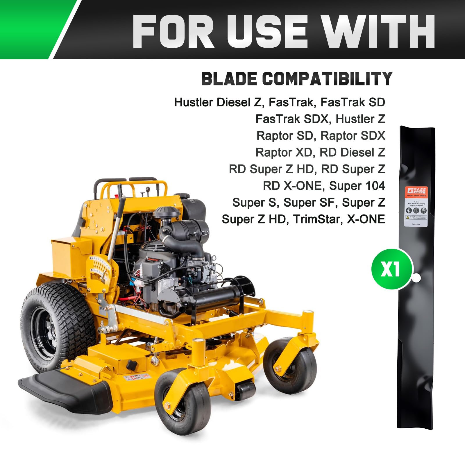 Grasscool hustler-compatible blade front view highlights robust mounting fit.