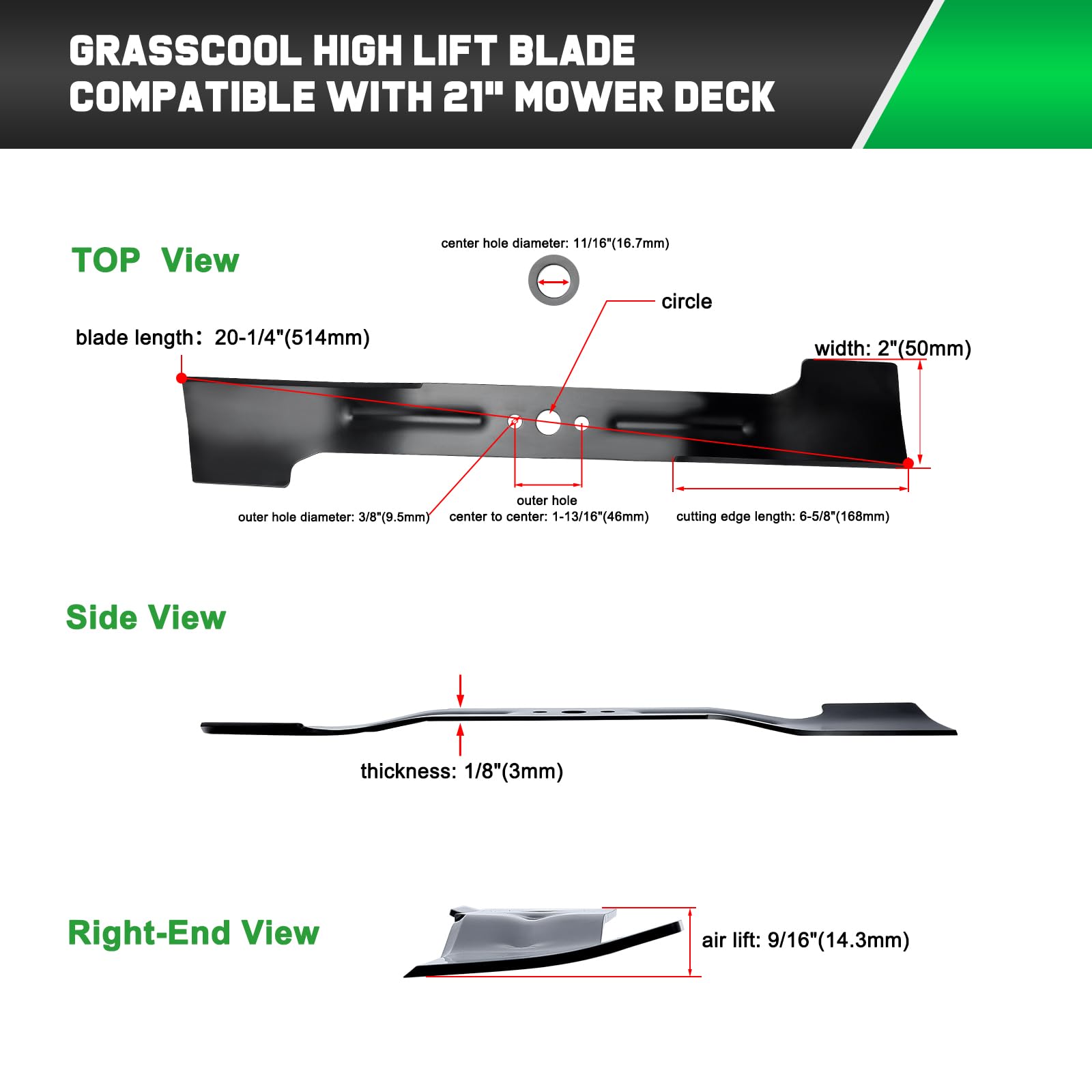 Mower deck alignment with Grasscool blade enhances suction lift.