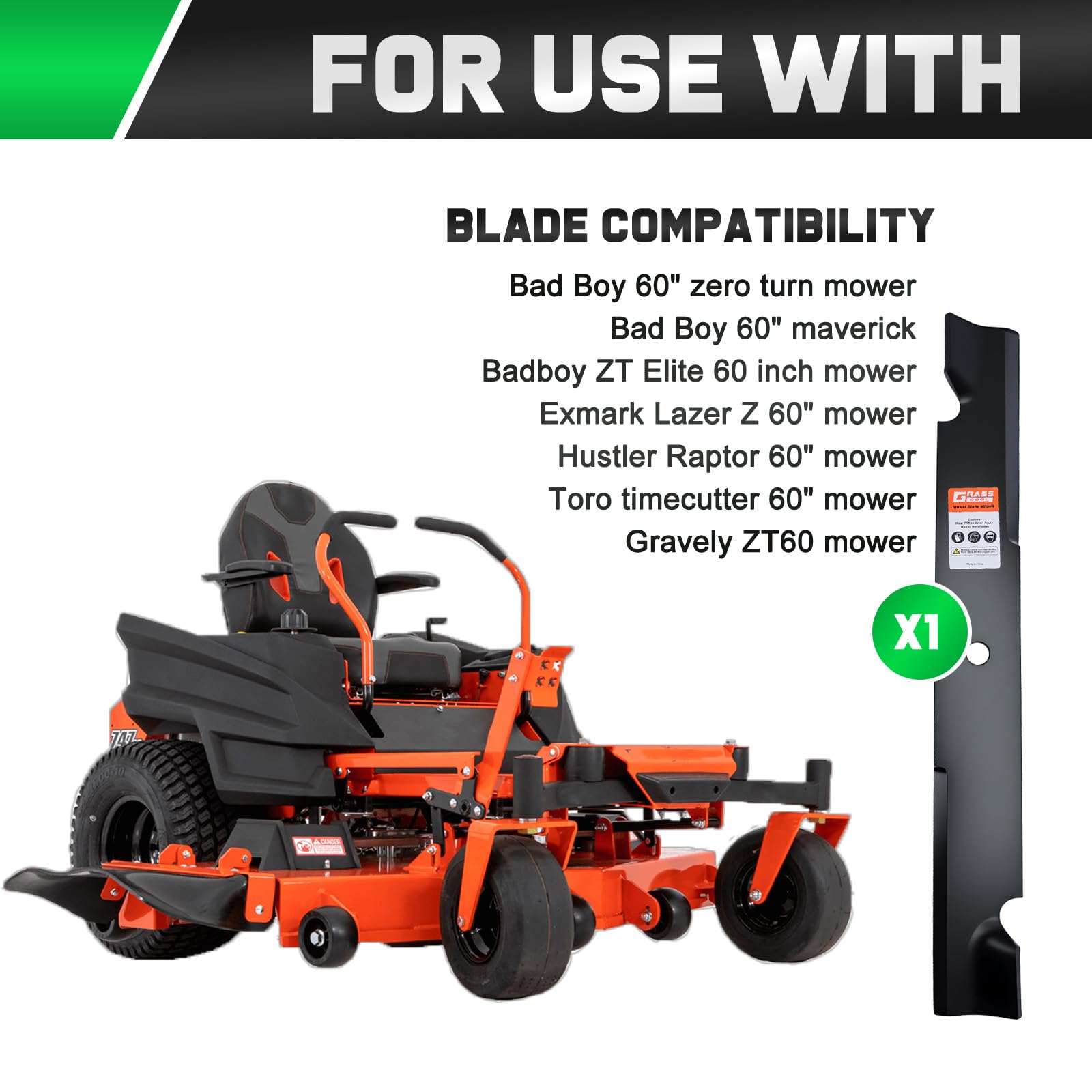 Grasscool Maverick blades fit Bad Boy ZT Elite and Exmark Lazer Z 60-inch decks
