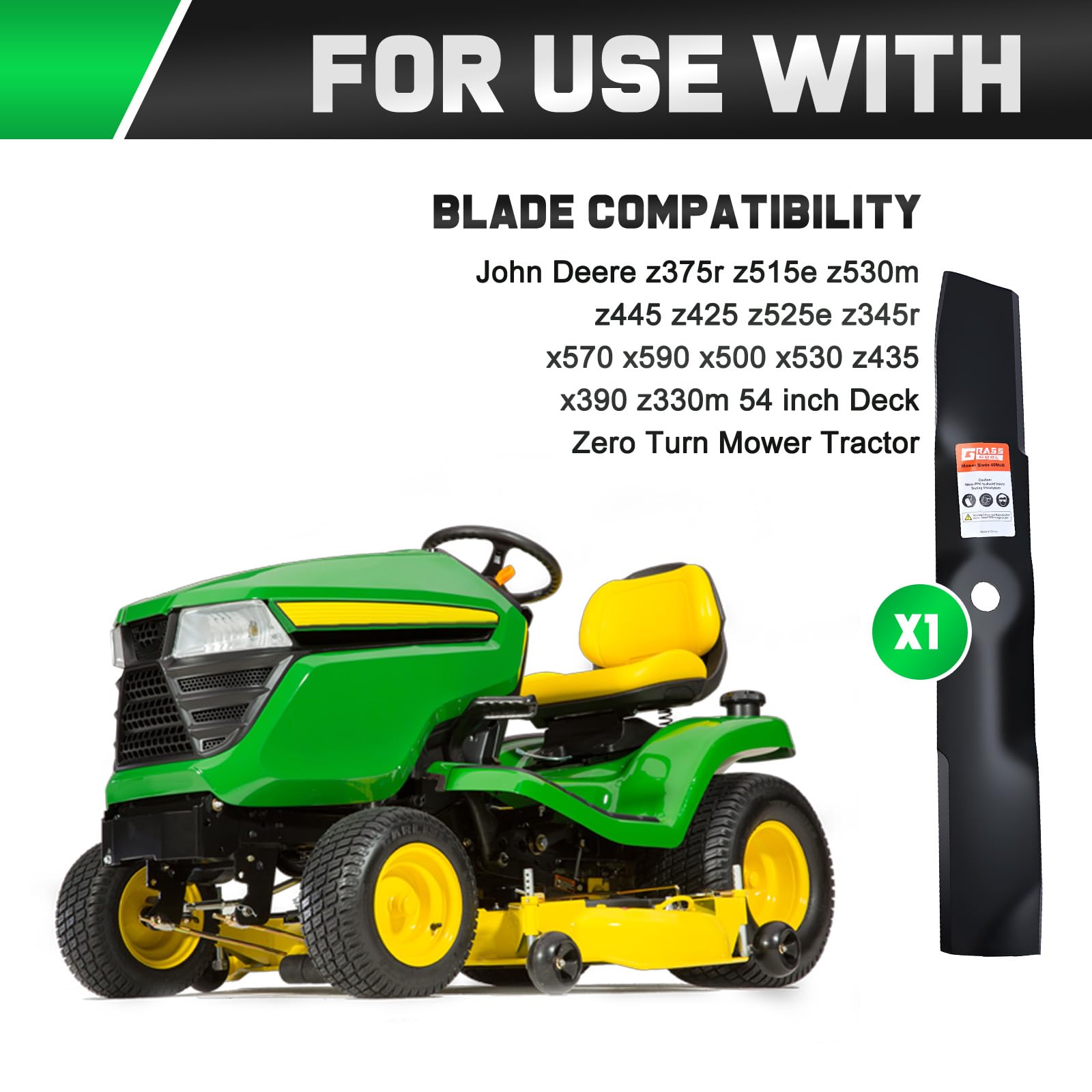 Grasscool 54-inch deck blades ready for fast bagging or side discharge performance.