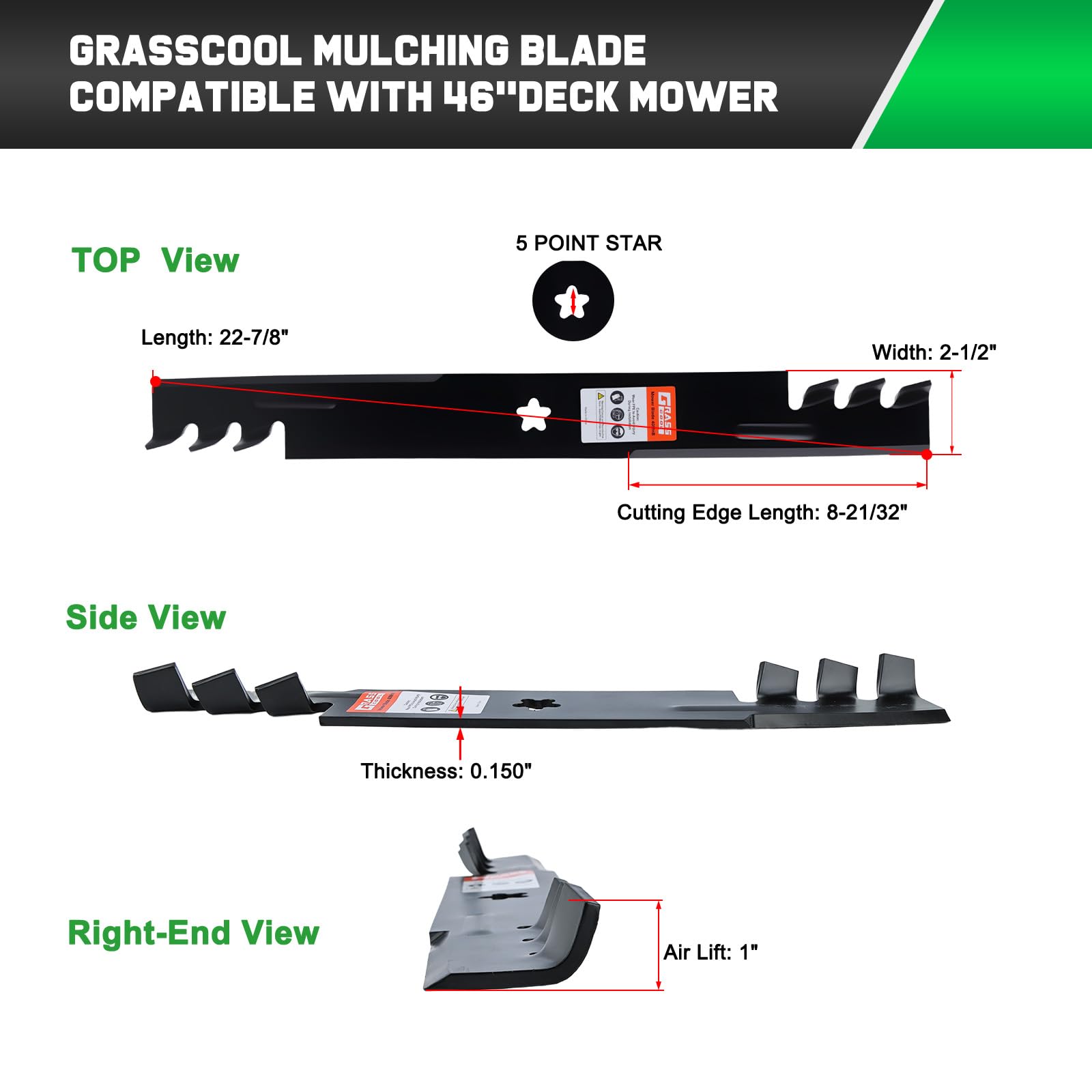 Grasscool Poulan Pro 46in zero-turn blade for smooth clippings handling.