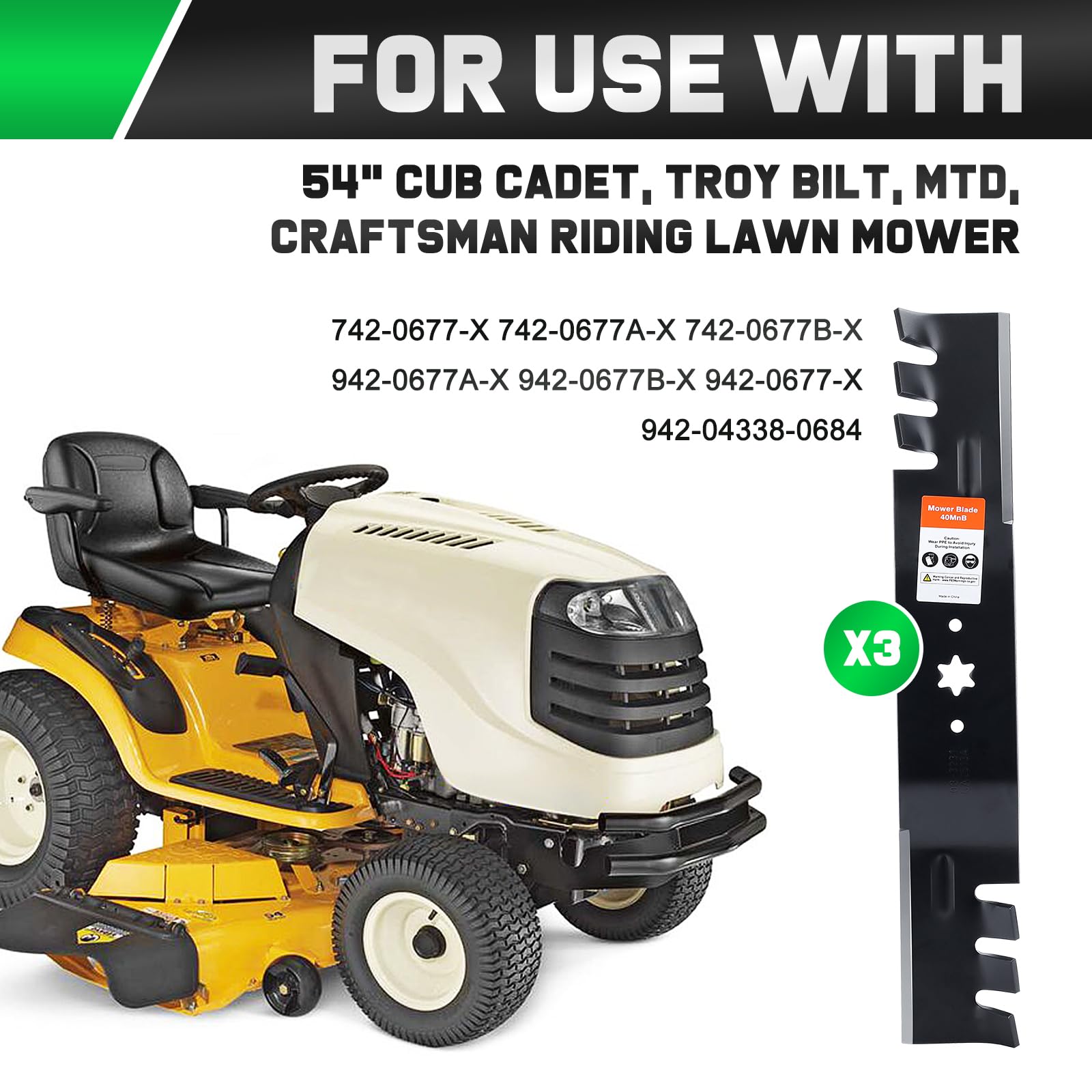 Grasscool blades mounted on a Cub Cadet 54-inch deck for stable operation.