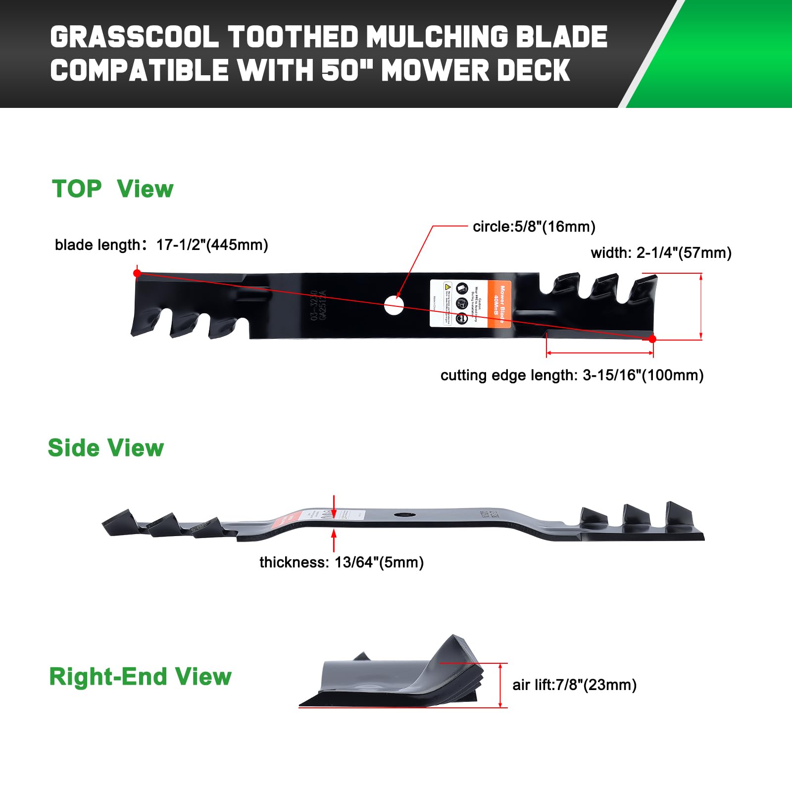 Grasscool SS5000 50-deck-dimension spec highlighting 17.5-inch length.