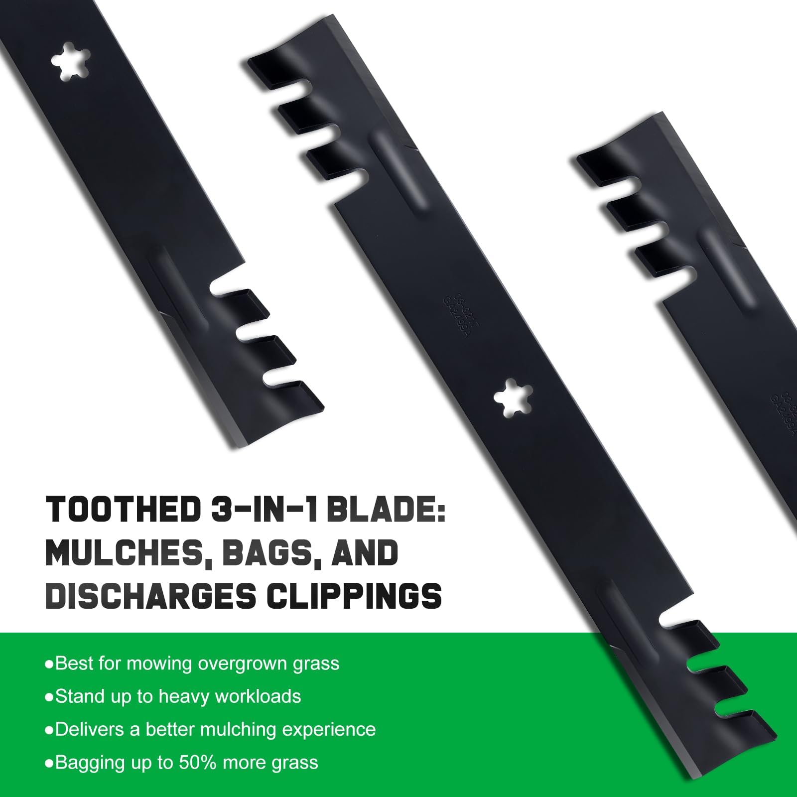 Grasscool toothed 3-in-1 blade supports mulching, bagging, side discharge