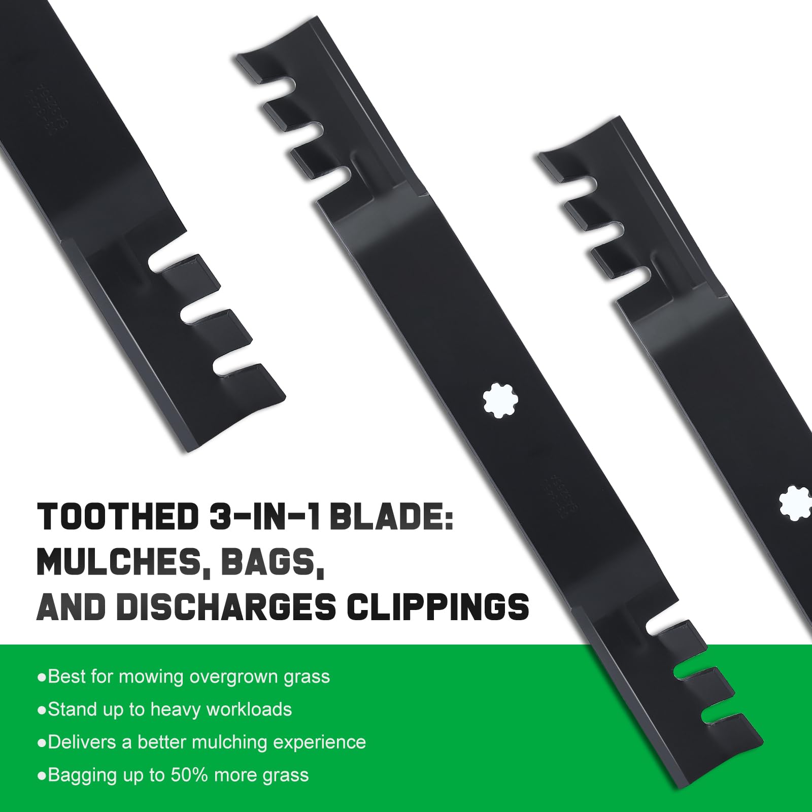Grasscool toothed mulching blade delivering consistent shredding